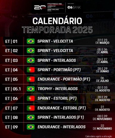 Calendário Oficial Temporada 2025 – Porsche Cup Brasil